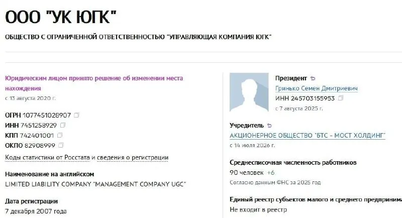 АО «БТС‑Мост Холдинг» стало владельцем управляющей компании ЮГК — активы были национализированы год назад. После аукциона холдинг переименовали в ГК «БТС‑Золото», назначен новый гендиректор.