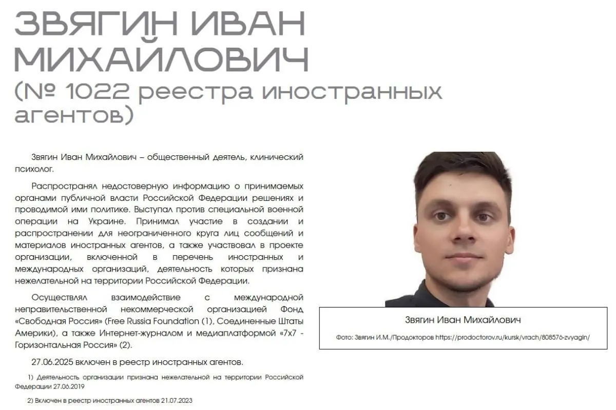 Иван Звягин требует признать противоправными действия Минюста: по его словам, раздел на сайте ведомства публично дискредитирует его как специалиста и нарушает конституционные права.