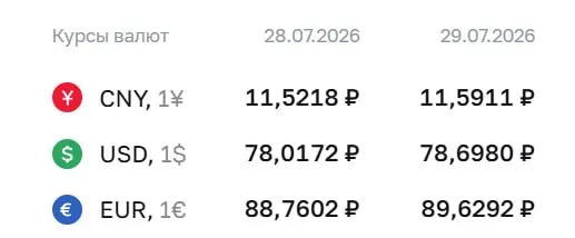Официальный курс Центробанка на 29 июля: доллар — 78,7 ₽, евро — 89,63 ₽, юань — 11,59 ₽. Для доллара это самый высокий уровень с 8 апреля.