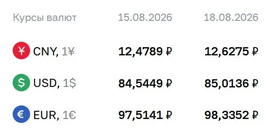 Официальный курс на 18 августа: доллар — 85,01 ₽; евро — 98,34 ₽; юань — 12,63 ₽. Курс выше 85 рублей — впервые с осени прошлого года.