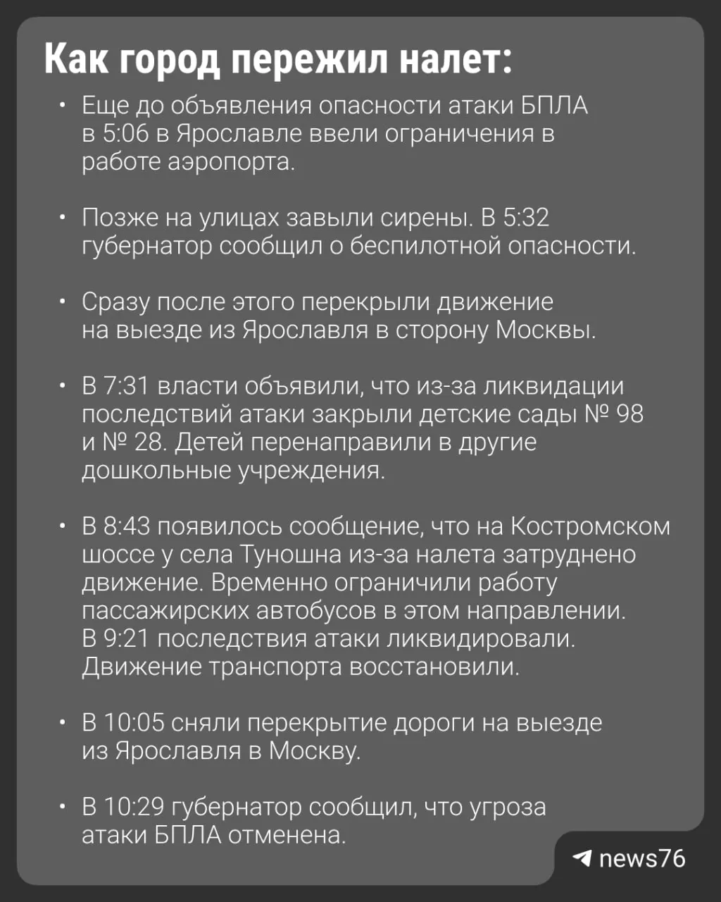 Утром над Ярославлем произошла атака беспилотников: 67 БПЛА пролетели над регионом, обломки попали в автобус; погиб один человек, 27 пострадали.