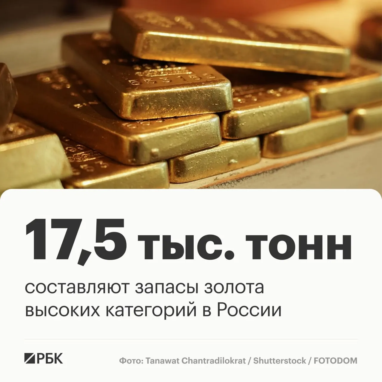 Запасы золота России оцениваются примерно в 17,5 тыс. тонн и при текущих темпах добычи могут обеспечить лидерство на мировом рынке примерно на 30 лет. Россия занимает третье место по запасам и второе по добыче.