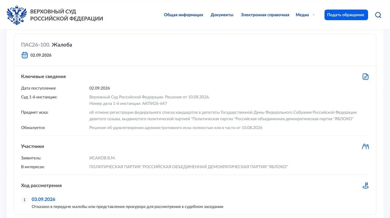 Суд отказался передавать жалобу на рассмотрение в Президиум. Партия планирует обратиться в Конституционный суд России.